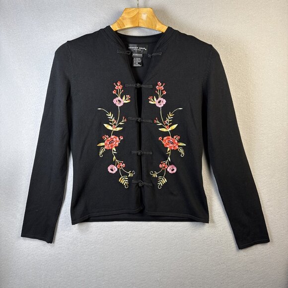 August Silk Cardigan Women's Size Pettie Medium Embroidered‎ Floral Grandmacore - Picture 1 of 10